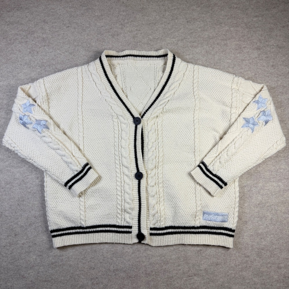 Taylor Swift Folklore Cardigan Cream Ivory Cable Knit Star Patch Sweater XL/2XL